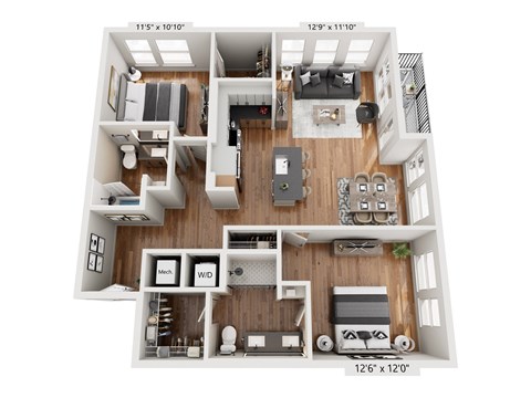 A 12'6" x 12'0" floor plan of a two-bedroom apartment with a living room, kitchen, and bathroom.